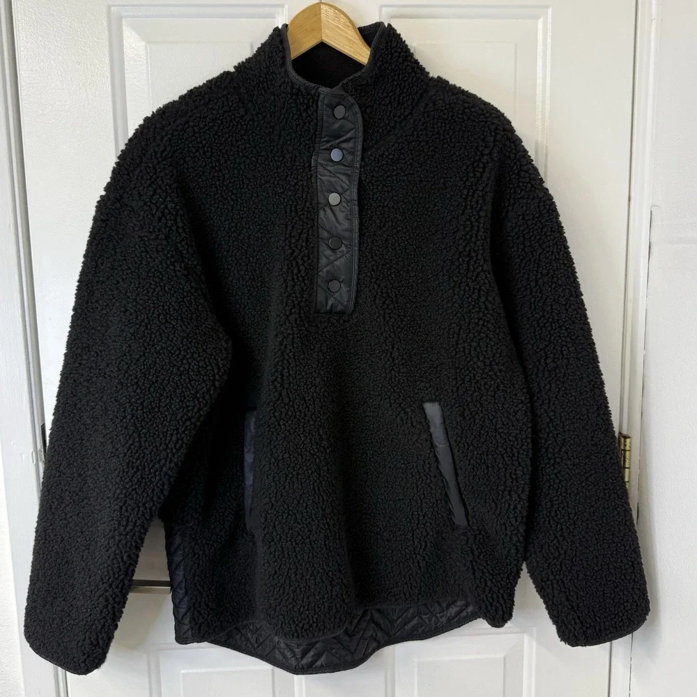 Athleta‎ Recovery Cozy Snap Front Sweatshirt Women's Medium Black Sherpa